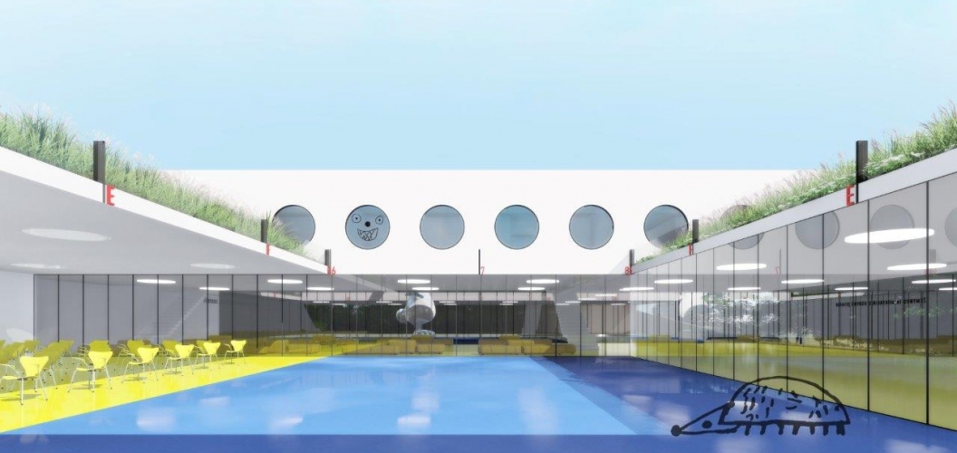  šiuolaikinis darželis, architektas Pašilaičiuose, edukacinė architektūra, tvarus projektas, ugdymo įstaigos dizainas, reljefo integravimas, darželis su baseinu.