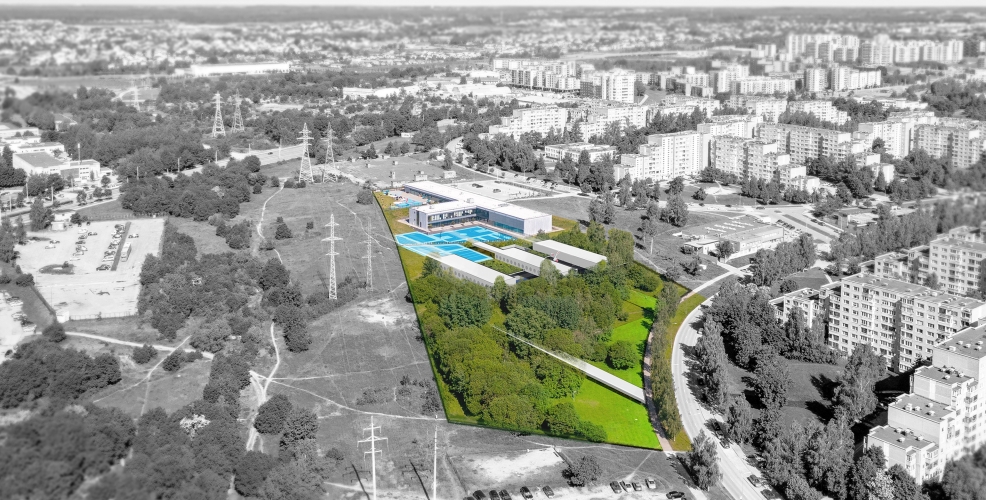 darželio architektūra Vilniuje, šiuolaikinis darželis,  tvarus projektas, ugdymo įstaigos dizainas, reljefo integravimas, darželis su baseinu.